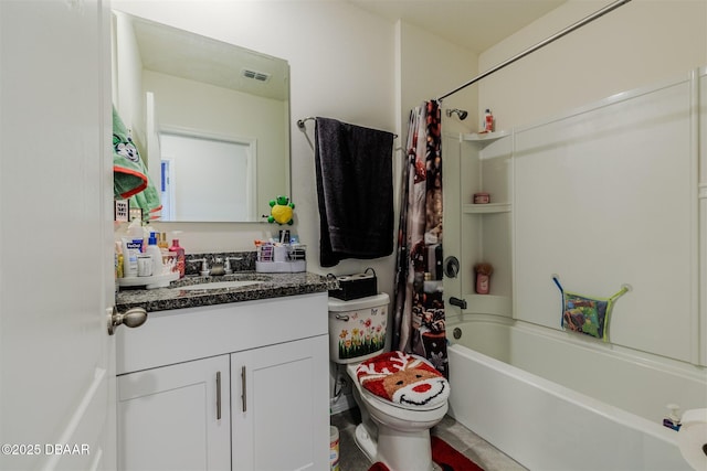 full bathroom featuring vanity, shower / tub combo with curtain, and toilet