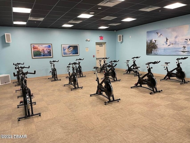 workout area featuring carpet and a paneled ceiling