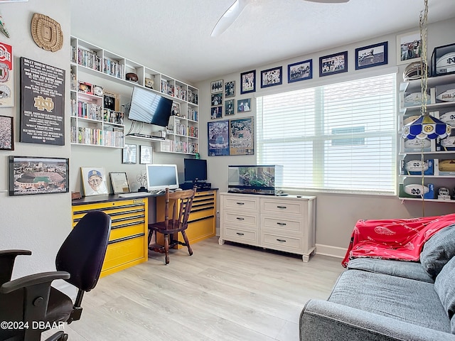 home office featuring light hardwood / wood-style floors and a textured ceiling