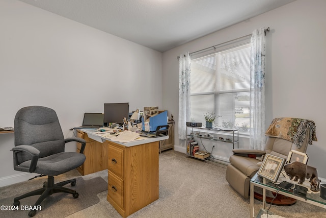 office area featuring light colored carpet and baseboards