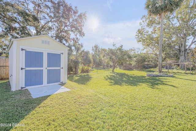 view of yard with a storage shed, a fenced backyard, and an outdoor structure