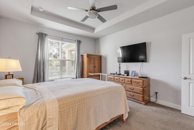 carpeted bedroom with a tray ceiling and ceiling fan