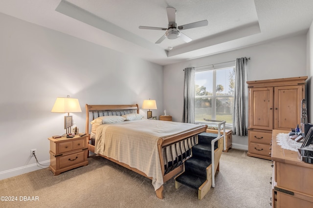 bedroom with light carpet, a raised ceiling, and baseboards