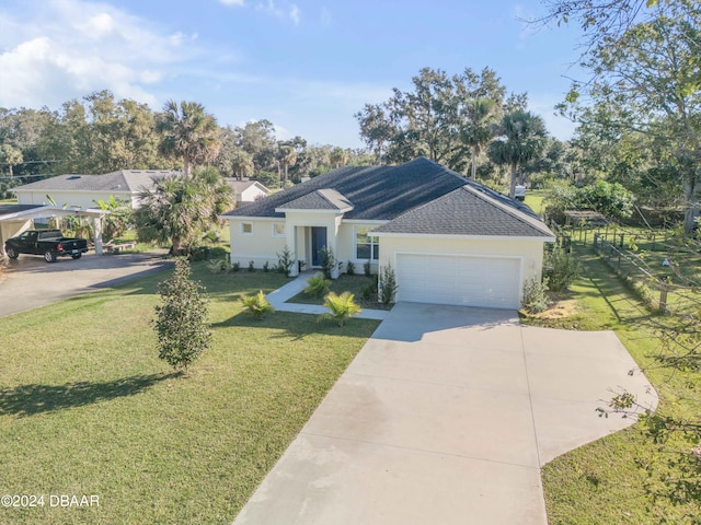 single story home featuring concrete driveway, an attached garage, a front lawn, and stucco siding