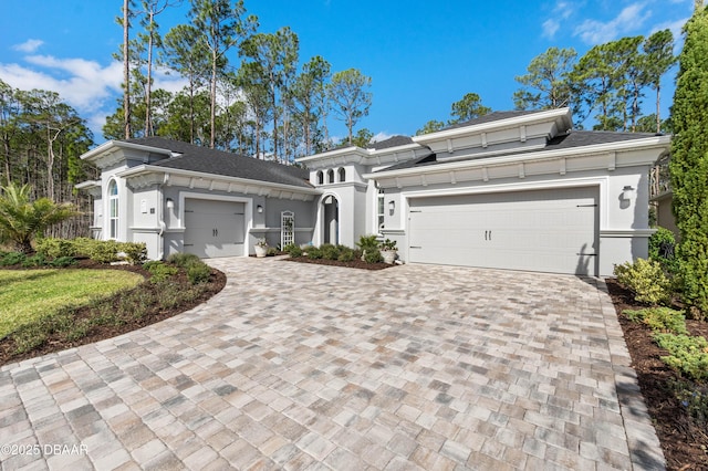 view of front facade with a garage, decorative driveway, and stucco siding