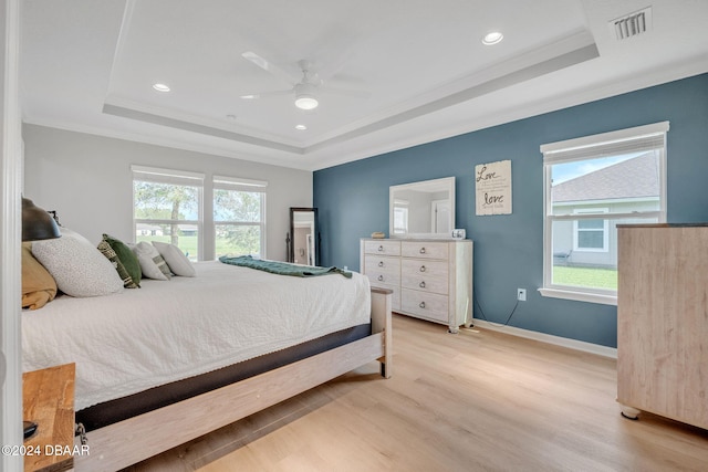 bedroom with multiple windows and a raised ceiling