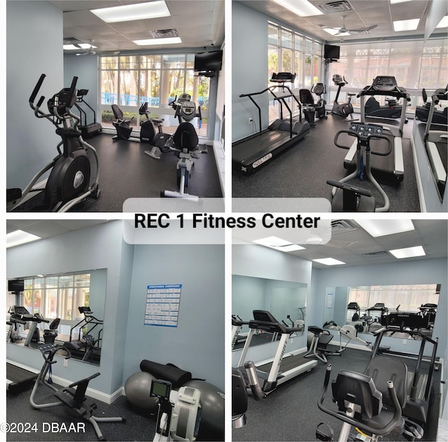 gym with baseboards, a paneled ceiling, and visible vents