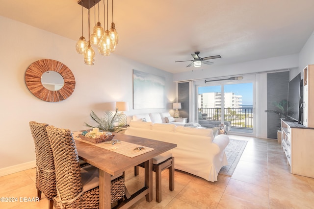 living room with light tile patterned flooring and ceiling fan