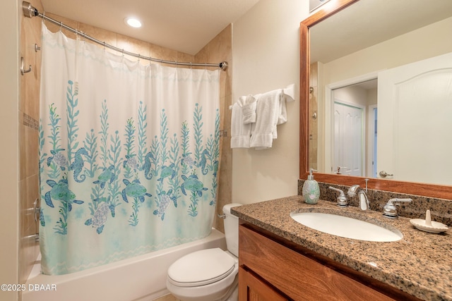 full bathroom featuring vanity, toilet, and shower / bathtub combination with curtain