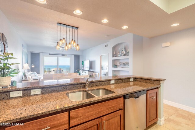 tiled living room featuring built in features and ceiling fan with notable chandelier