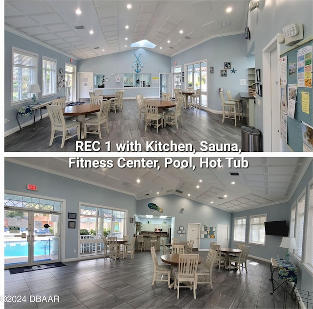 dining room featuring visible vents, baseboards, lofted ceiling, recessed lighting, and ornamental molding