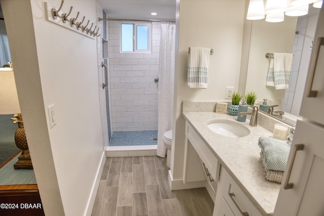 bathroom featuring toilet, vanity, and a shower with shower curtain