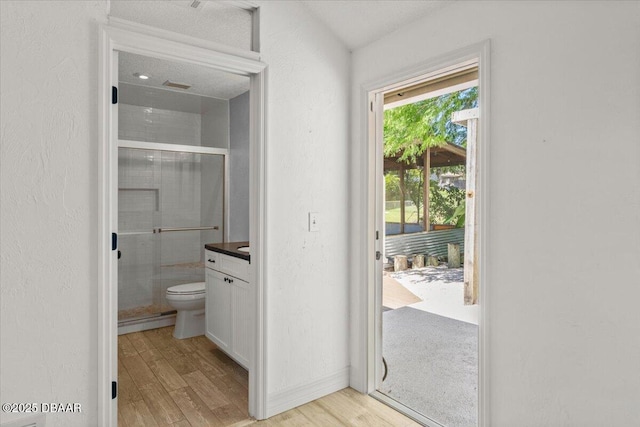232 Chippewa Cir, Ormond Beach, FL 32174 - bathroom with wood finished floors, a shower with shower door, and vanity