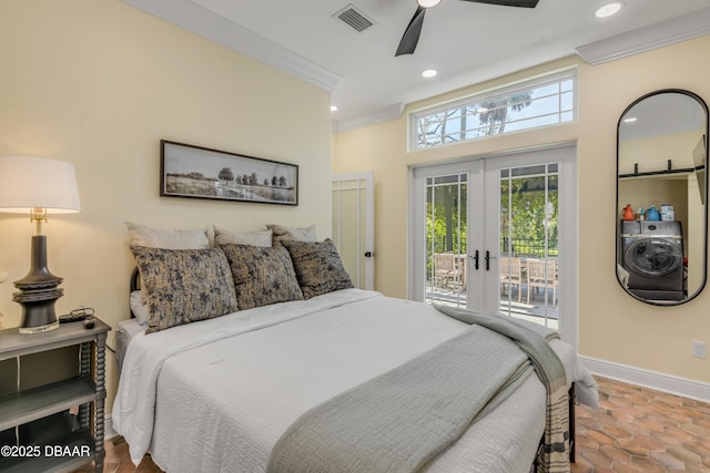 bedroom featuring visible vents, baseboards, ornamental molding, access to exterior, and french doors