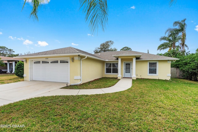 single story home with a garage, fence, driveway, stucco siding, and a front lawn