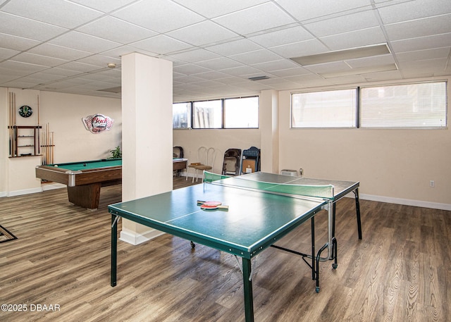 game room with hardwood / wood-style flooring, a paneled ceiling, and pool table