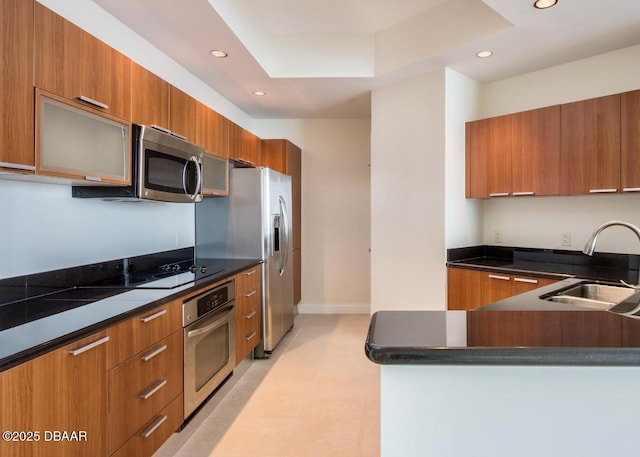 kitchen with stainless steel appliances, a raised ceiling, and sink