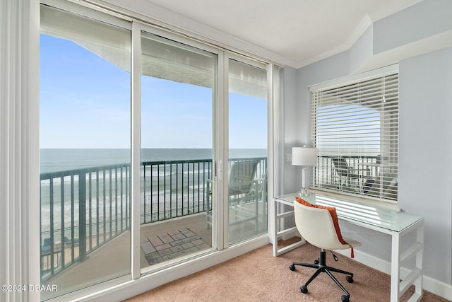 sunroom featuring plenty of natural light and a water view