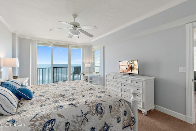 carpeted bedroom featuring baseboards, access to outside, ornamental molding, and ceiling fan