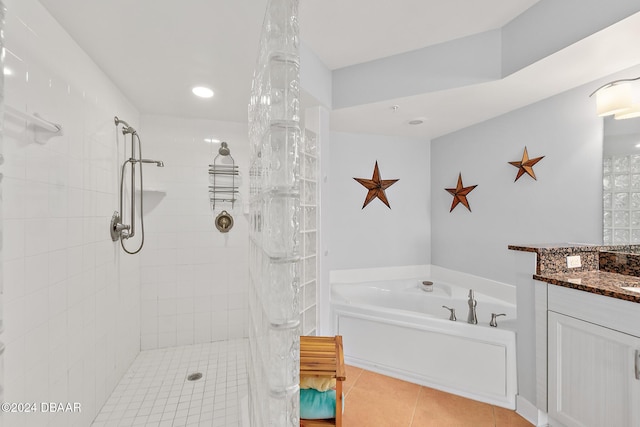 full bath with a tile shower, tile patterned flooring, vanity, recessed lighting, and a bath