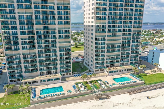 view of building exterior with a water view
