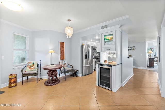kitchen with wine cooler, glass insert cabinets, white cabinets, light tile patterned floors, and stainless steel appliances