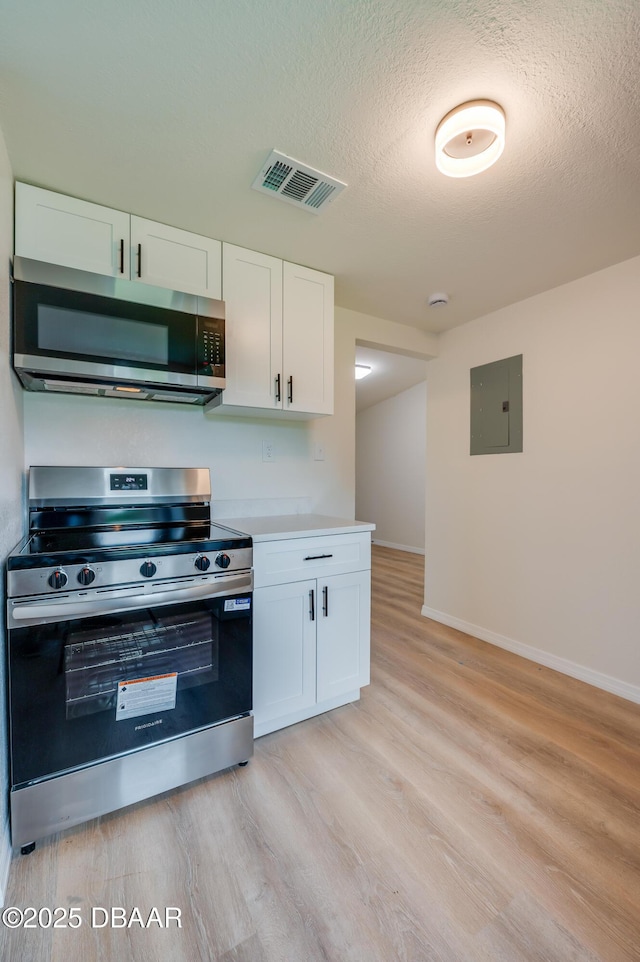 259 Jefferson St, Daytona Beach, FL 32114 - kitchen featuring stainless steel appliances, light wood-style floors, electric panel, white cabinets, and light countertops