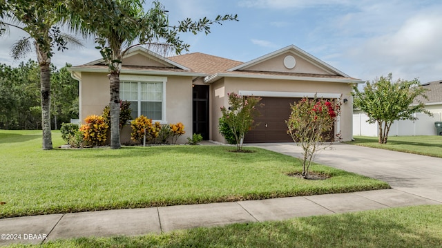 single story home featuring a garage and a front lawn