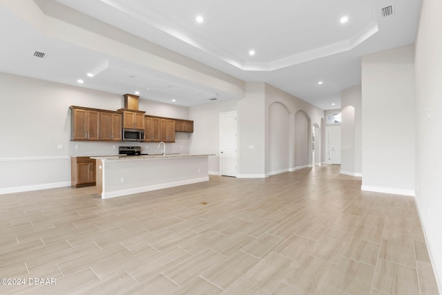 unfurnished living room with a raised ceiling