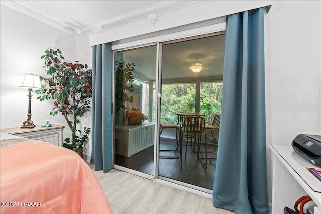 bedroom featuring light hardwood / wood-style floors and ornamental molding