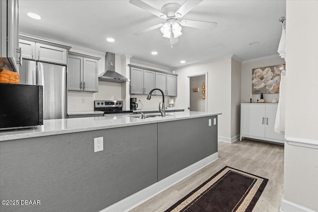 kitchen featuring gray cabinetry, crown molding, sink, wall chimney exhaust hood, and appliances with stainless steel finishes