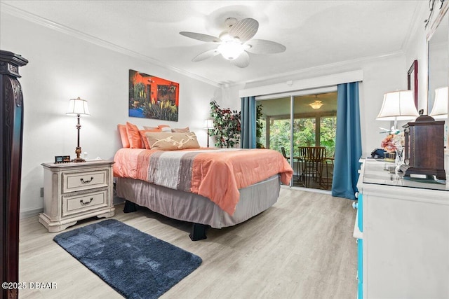 bedroom featuring access to exterior, ceiling fan, crown molding, and light hardwood / wood-style flooring