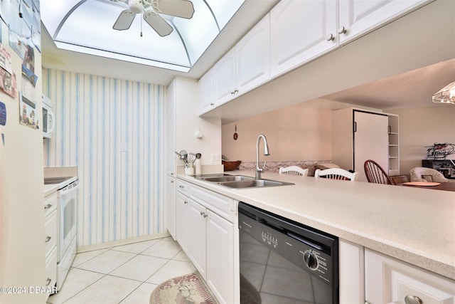 kitchen featuring light tile patterned floors, sink, white cabinets, white appliances, and ceiling fan