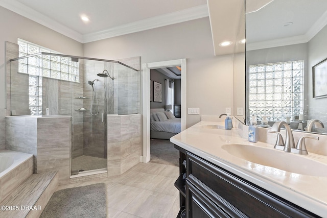 bathroom with a garden tub, a sink, connected bathroom, and a shower stall