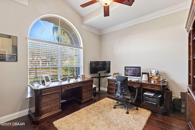 home office with baseboards, crown molding, dark wood-style flooring, and ceiling fan