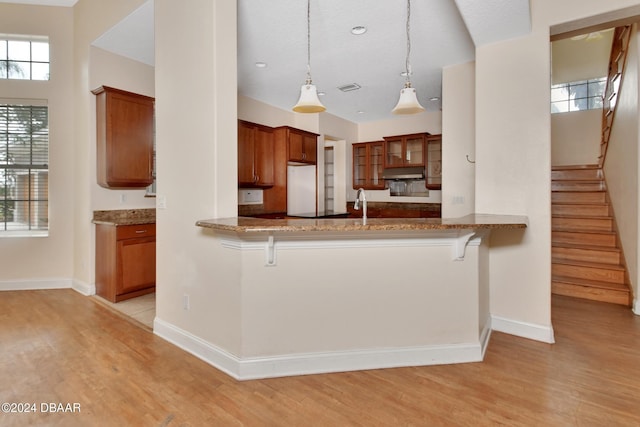 kitchen with a kitchen breakfast bar, decorative light fixtures, a wealth of natural light, and light hardwood / wood-style floors