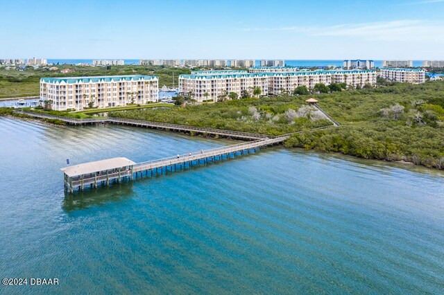 drone / aerial view with a water view