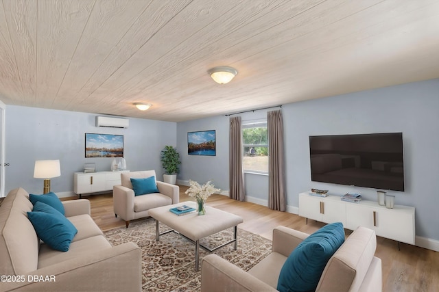 904 Woodmere Cir, Ormond Beach, FL 32174 - living area with a wall unit AC, wood finished floors, baseboards, and wooden ceiling