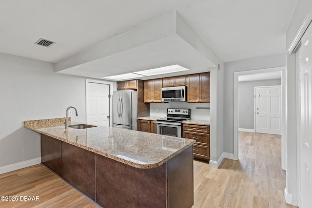 kitchen with appliances with stainless steel finishes, a sink, baseboards, light wood-style flooring, and a peninsula