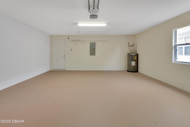 garage featuring a garage door opener, electric panel, and water heater