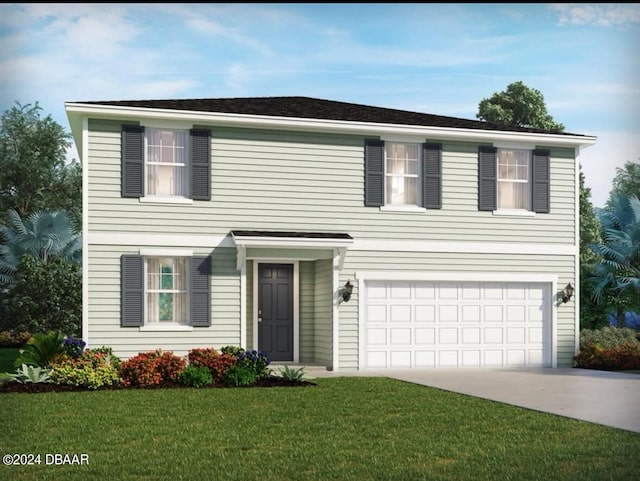 colonial-style house featuring a garage and a front yard