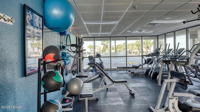 exercise room with a wall of windows and a paneled ceiling