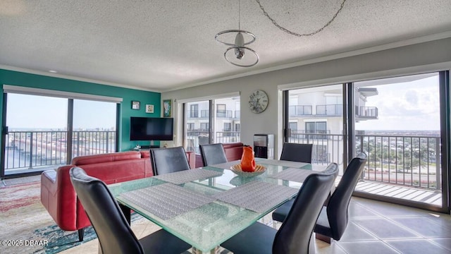 dining space with crown molding and a textured ceiling