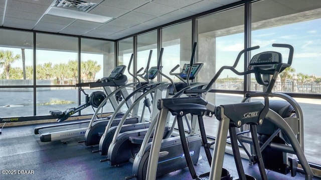 gym with a drop ceiling and expansive windows