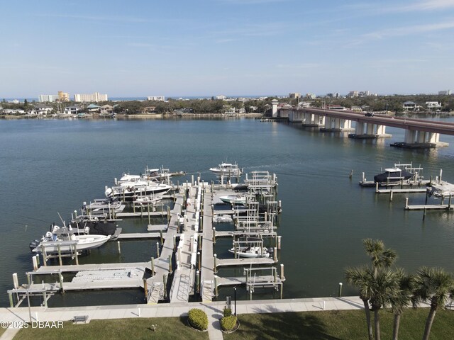 bird's eye view with a water view