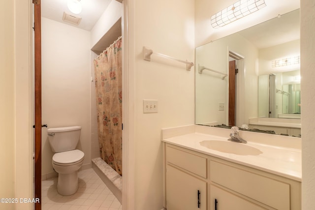 bathroom featuring a shower with shower curtain, vanity, toilet, and tile patterned flooring