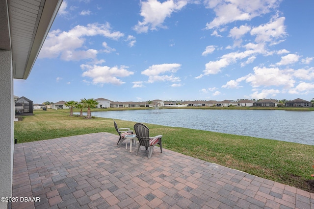 view of patio / terrace featuring a water view