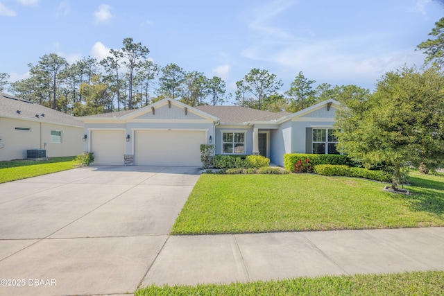 ranch-style home with central air condition unit, driveway, a front yard, and a garage