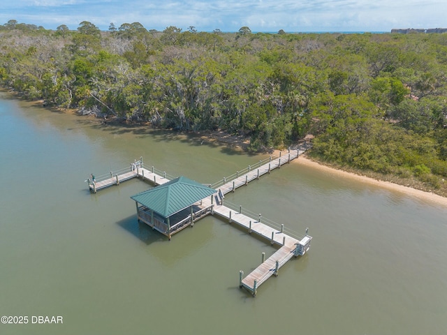 bird's eye view featuring a forest view and a water view