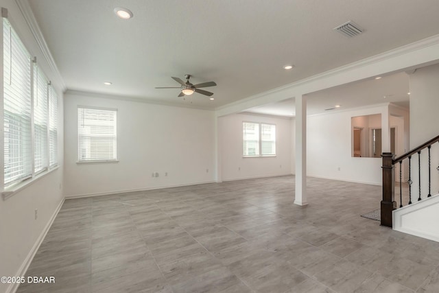 unfurnished living room featuring visible vents, ornamental molding, stairs, recessed lighting, and a ceiling fan